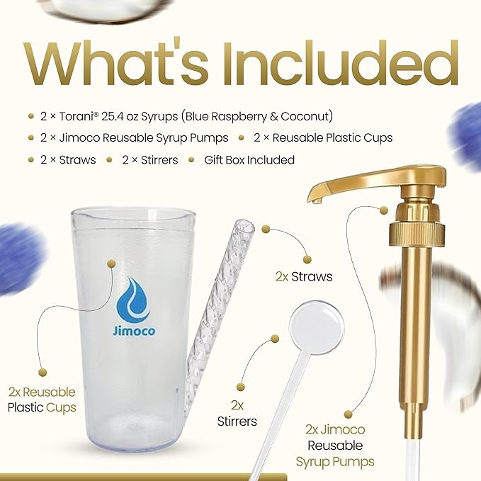 Jimoco Barista Set – Torani Blue Raspberry & Coconut Syrups (25.4 oz Each) with 2 Jimoco Syrup Pumps, Reusable Cups, Straws & Stirrers – Coffee, Italian Soda & Cocktail Flavoring Kit
