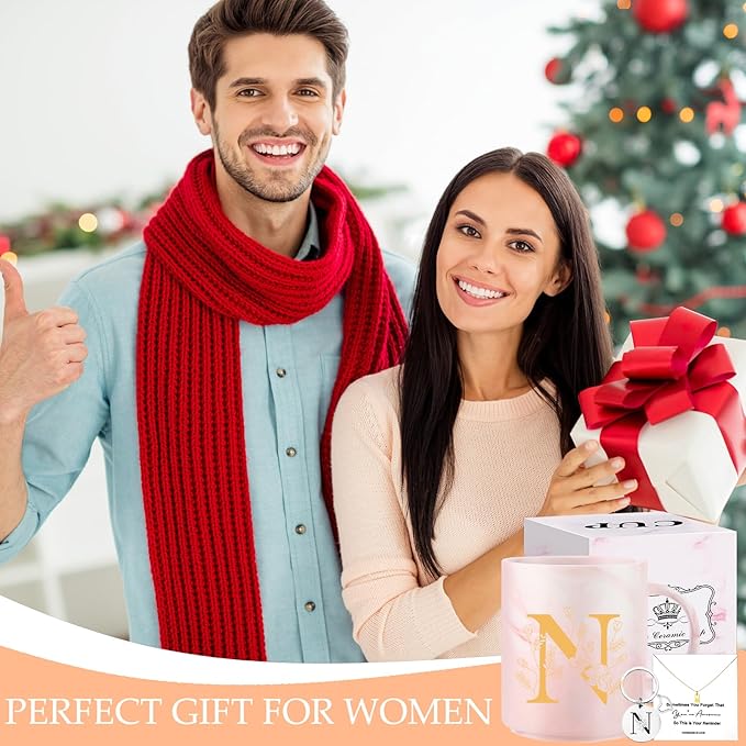 Monogrammed Christmas Gifts for Women, 11 oz Initial Ceramic Coffee Tea Mug with Necklace, Unique Birthday Gift for Her Wife Teacher Friend Mom, N