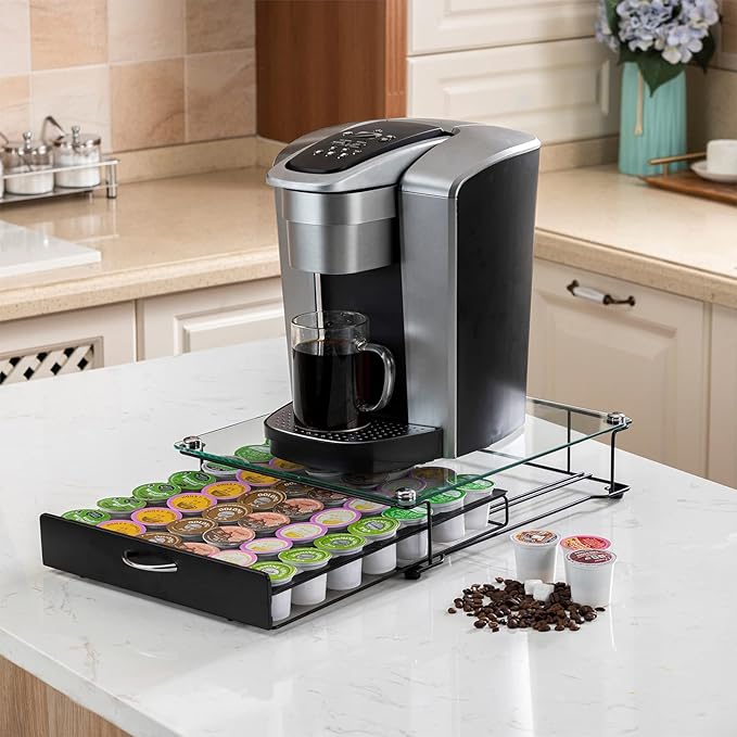 ZCDCP K Cup Holder Drawer Storage,with Crystal Tempered Glass Top,Compatible with K-Cups,Office Kitchen Counter Organizer,(42 pods)
