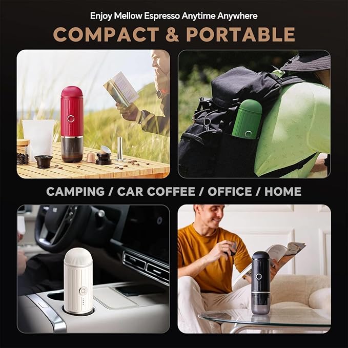 Portable Espresso Machine with 3-4 Min Self-heating, 12V Rechargeable Electric Coffee Machine 19 Bar Compatible with NS Capsules and Ground Coffee (Red)