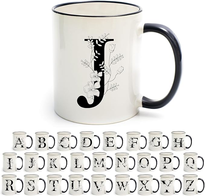 Monogram Ceramic Coffee Mugs, 11 oz Initial Drinking Cup with Gift Box, Unique Birthday Christmas Gifts for Women Wife Mothers Day Grandma Mom Aunt, J
