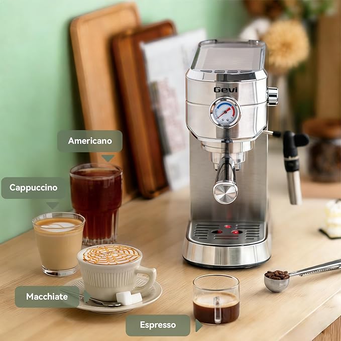Gevi Espresso Machine 20 Bar - Auto Milk Frother & Steam Wand, NTC Temp Control, Compact Stainless Steel Cappuccino Maker, Gift for Coffee Lovers & Home Baristas
