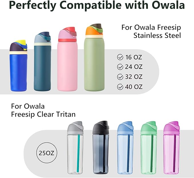 2 IN 1 Replacement Lid for Owala Freesip, Compatible with Owala Cup 16oz 24oz 32oz 40oz, One Button Water Bottle Top Lid Replacement Accessory and Straws, Leakproof, BPA-Free, Ash White