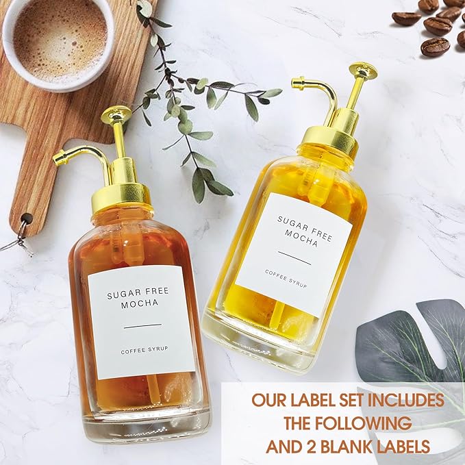 Gold Upgraded 2 Pack 16.9 Oz Coffee Syrup Dispenser - Clear Glass Bottles w. Pump and 36 Labels, Coffee Bar Accessories for Cinnamon, Vanilla, Caramel