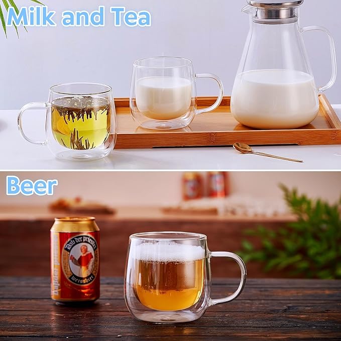 12oz Double Walled Glass Coffee Mugs Set of 4, insulated glass coffee cups, coffee mugs with handle, clear coffee cups for Espresso, Cappuccino, Latte, Americano, Tea,12oz (4 Pack)