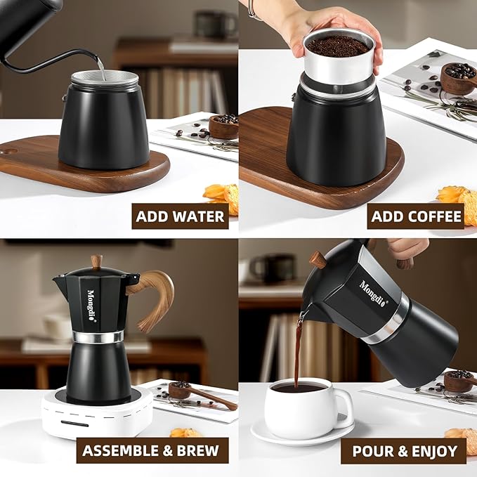 Mongdio Stovetop Espresso Maker Moka Pot, Cuban Coffee Maker Stove top coffee maker Moka Italian Espresso Greca Coffee Maker Brewer Percolator, 9 Espresso Cups, 15 oz - Black