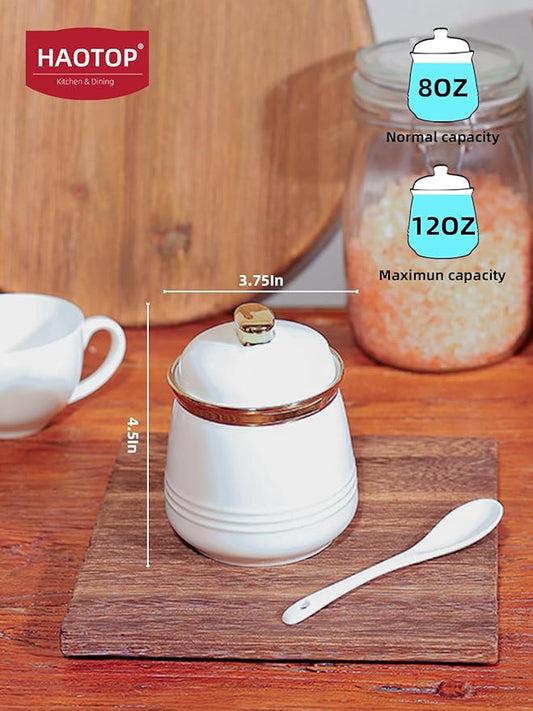 HAOTOP 12oz Sugar Bowl with Lid and Spoon,Simple Ceramic Sugar Jar Sugar Container Sugar Dispenser Coffee Bar Accessories, Modern Kitchen Countertop Canisters, White