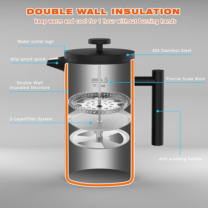 Miscedence French Press Coffee Maker,Double Wall Vacuum Insulated 304 Stainless Steel coffee press for Home, Camping and Office