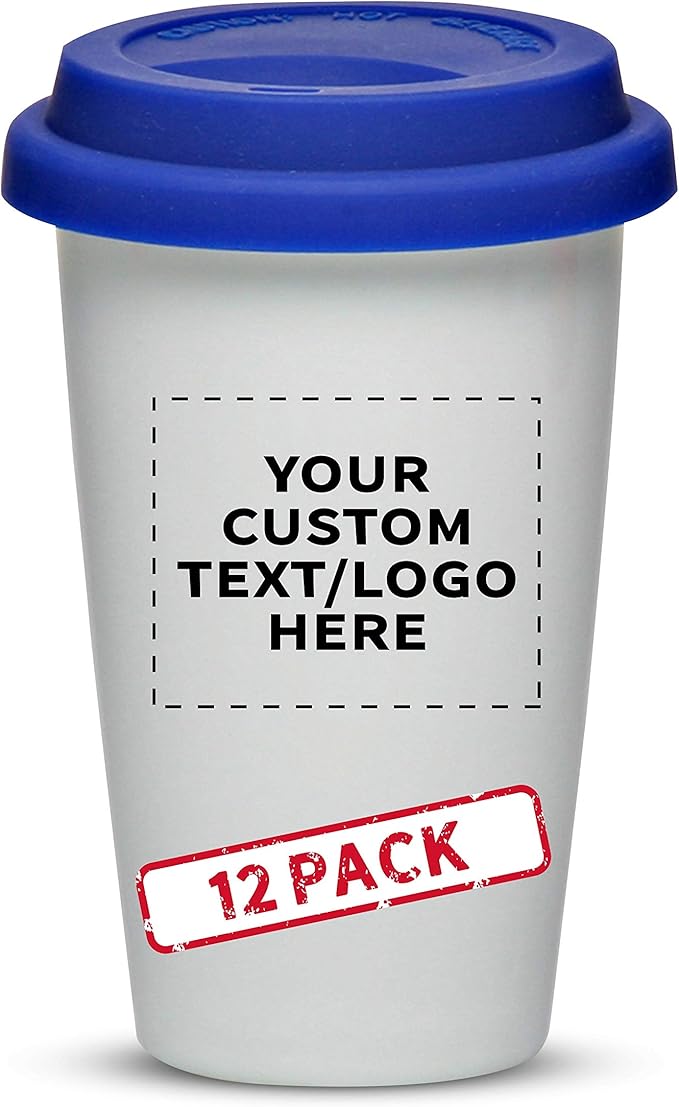Personalized 11 oz. Double Wall Ceramic Tumblers with Lid - 12 Pack - Custom Text, Logo - Blue