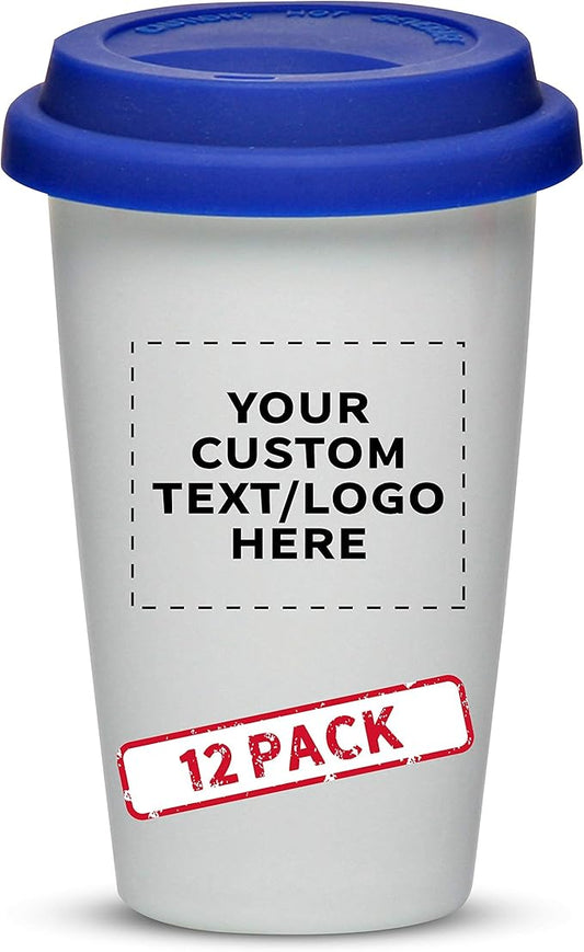 Personalized 11 oz. Double Wall Ceramic Tumblers with Lid - 12 Pack - Custom Text, Logo - Blue