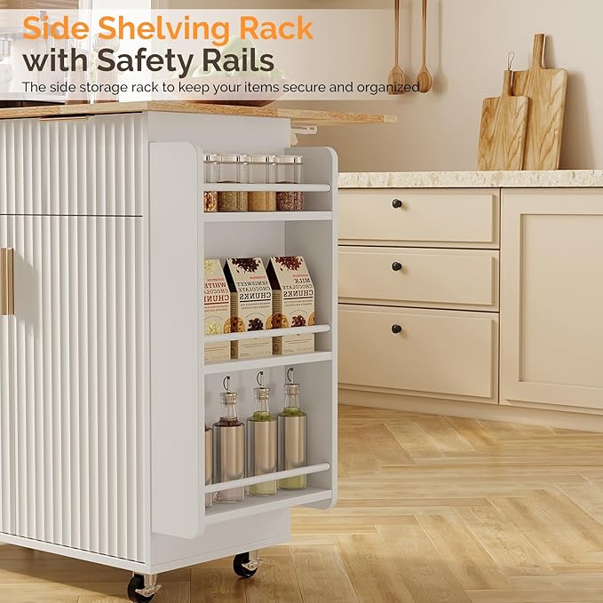 VINGLI Kitchen Island with Storage, Rolling Cart on Wheels with Foldable Drop Leaf, Drawer & Door Cabinet, Portable Kitchen Cart for Meal Prep & Organization, White