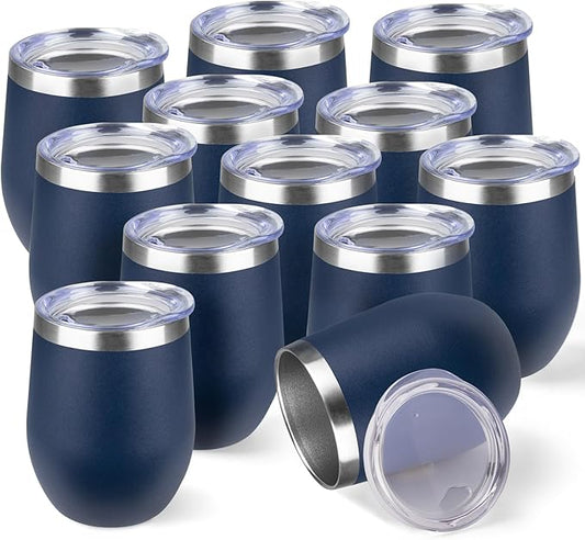 StarSpeed 12oz/12 Pack Wine Tumbler with lid, Stainless Steel Travel Mugs Stemless Double Wall Insulated Coffee Cup, Insulated Wine Glasses Travel Tumbler for Cold & Hot Drinks(Navy Blue, 12)