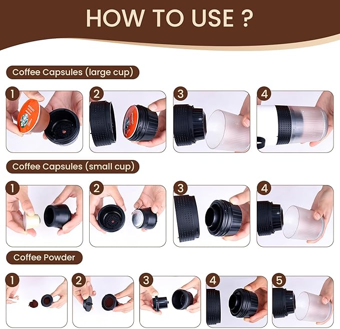 Electric Espresso Machine, 3 In 1 Portable Coffee Maker for Travel, 4-6 min Self-Heating, Compatible with Ground Coffee & Large Capsules, Small Capsules, for Hiking, Camping, RV, Office(Grey)
