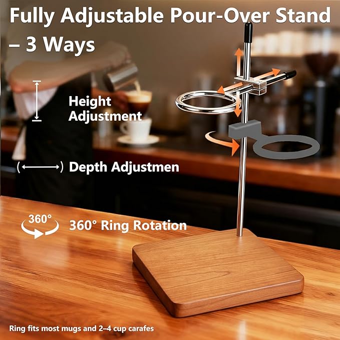 COZYGIFT Pour Over Coffee Stand with Solid Cherry Base, Adjustable Coffee Dripper Stand, Wooden Brewing Station, Cone Holder, Elegant Gift for Brew Enthusiasts, Home Barista & Kitchen Décor