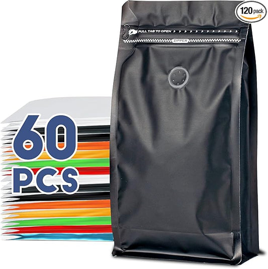 Coffee Bags with Valve(60pcs,32 oz,2 lb) Vented Coffee Beans Packaging Bags High Barrier Aluminumed Foil Flat Bottom Heat Sealed Side Zipper Resealable Storage Bag for Home or Business（Black ）