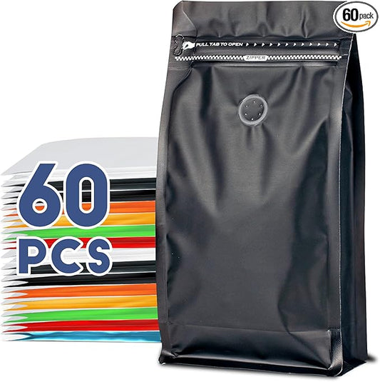 Coffee Bags with Valve(60pcs,16 oz,1 lb) Vented Coffee Beans Packaging Bags High Barrier Aluminumed Foil Flat Bottom Heat Sealed Side Zipper Resealable Storage Bag for Home or Business（Black ）