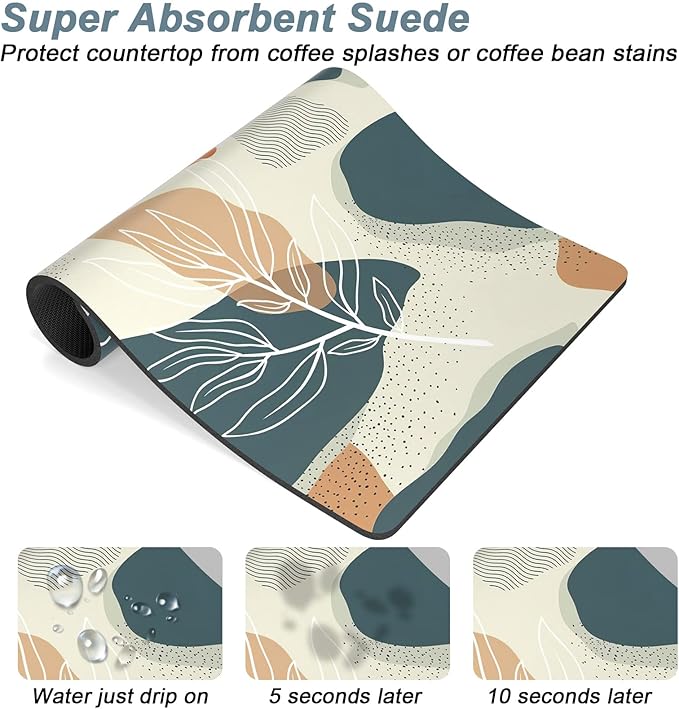 Rnivvi Coffee Mat, 12" x 19" Cute Boho Theme Coffee Bar Mats for Espresso Machine Station Accessories and Organizer, Hide Stain Rubber Backed Absorbent Dish Drying Pad for Kitchen Counter, Leaves