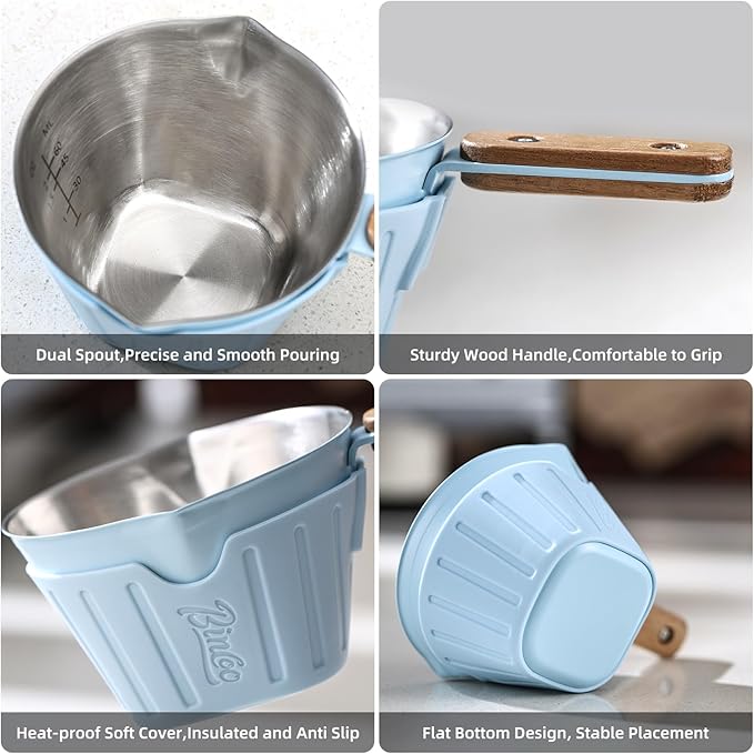 Espresso Shot Cup with Dual Spout - Espresso Measuring Cup with Wood Handle and Anti-Scald Cover, Stainless Steel Espresso Pouring Cup for Home & Cafe Use, 90ML/3oz