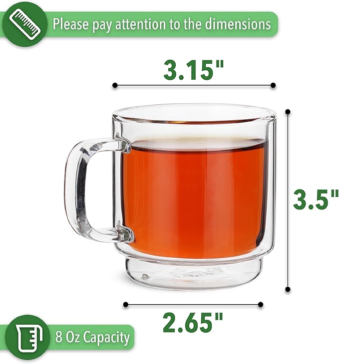 BTaT- Double Walled Stackable Glass Coffee Mugs, 8 oz, Set of 4, Glass Coffee Cups with Handle, Insulated Clear Coffee Mug for Hot and Cold Beverages, Cappuccino, Latte, Tea, Americano