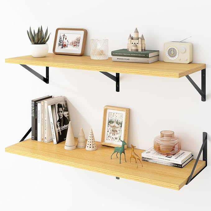 Deep Floating Shelves Wall Mounted, 36"x12" Oak Wall Shelves with Brackets Set of 2 for Bedroom, Living Room, Bathroom, Kitchen, Office - Storage & Display Shelf for Decor, Books, Plants