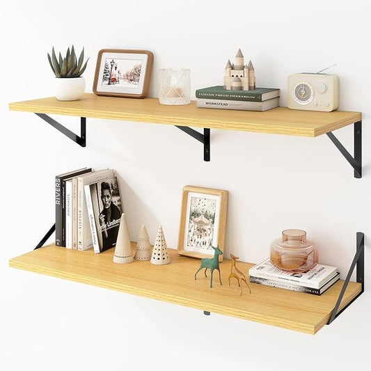 Deep Floating Shelves Wall Mounted, 36"x12" Oak Wall Shelves with Brackets Set of 2 for Bedroom, Living Room, Bathroom, Kitchen, Office - Storage & Display Shelf for Decor, Books, Plants
