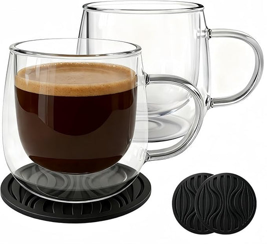 Glass Coffee Mugs Set Of 2, 10oz Double Walled Insulated Glass Mugs with Handle and Coaster, Heat Resistant Borosilicate Clear Glass Cups for Espresso Latte Cappuccino, Tea Bag, Beverage