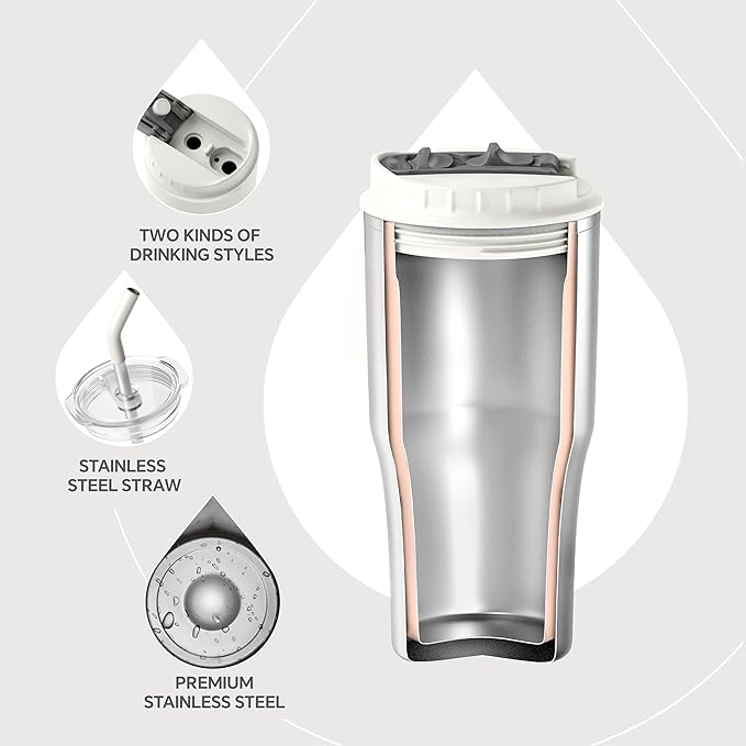 Ideus Insulated Tumbler with Lid and Straw 18 oz, Stainless Steel Double-Wall Vacuum Leak-Proof Travel Coffee Mug, Cup Holder Friendly, White