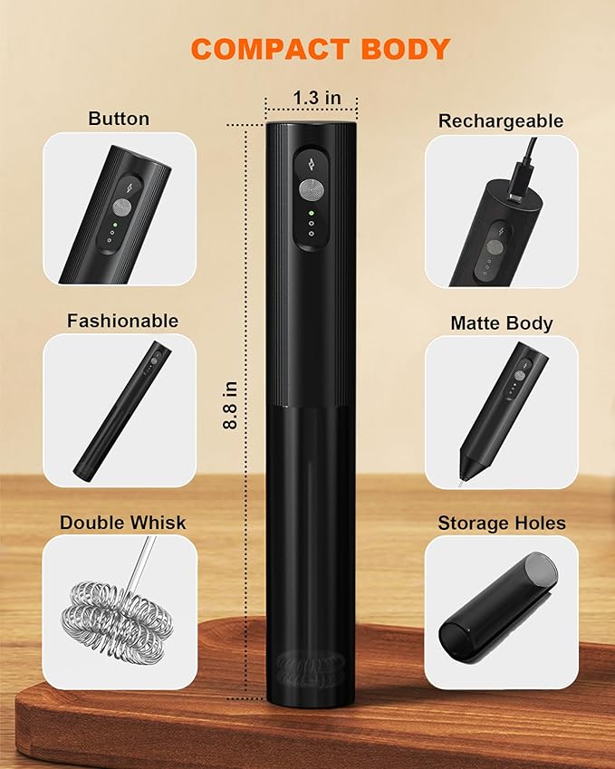 Rechargeable Milk Frother With Cover, Handheld 3-Speed Coffee Frother, Dual Spring Whisk Electric Frother Wand For Coffee, Latte, Cappuccino, Frappe Drink, Hot Chocolate, Black