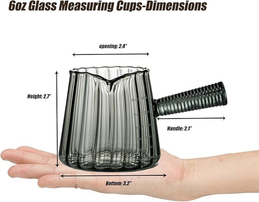 FANTESTICRYAN 6OZ Measuring Cup, Ribbed Borosilicate Glass Espresso Cup, V-Shaped Spout Drain Espresso Double Shots, Coffee Milk Tea Accessories (Dark Gray, Glass Handle)
