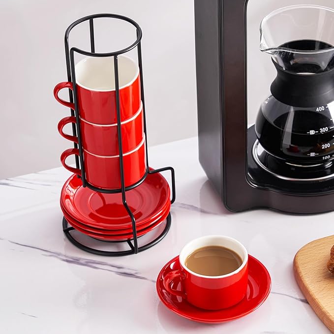 Meichu 2.5oz Porcelain Stackable Espresso Cups with Saucers and Metal Stand Set of 4, Stackable Espresso Cups Set of 4, Red Expresso Shots Cup Set for Cappuccino, Coffee Drinks, Latte, Tea