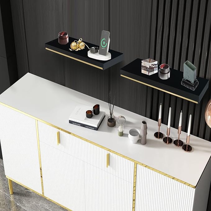 Thick 1.78 in Black and Gold Shelves with Thicked 1/5 Inch Heavy Duty Bracket,Black Gold Foating Shelves Pine Wood 16 ×6.5 in Floating Shelves for Wall with Stainless Steel Trim Strip Set of 2