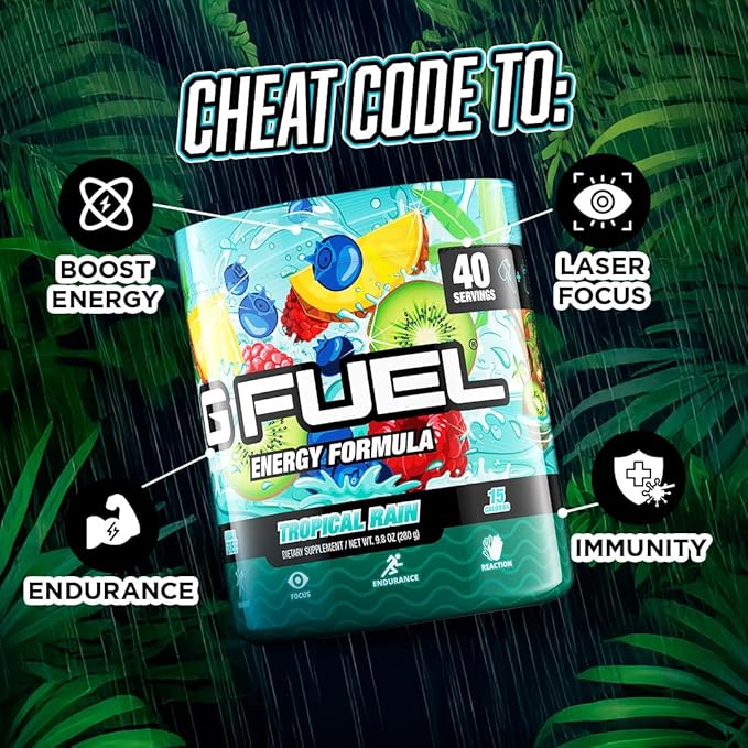 Gamma Labs G Fuel Tropical Rain Energy Drink Powder, Pre Workout Caffeine Mix for Gaming, Sugar Free Focus Amino, Vitamin + Antioxidants, 9.8oz Fruit Medley, 40 Servings