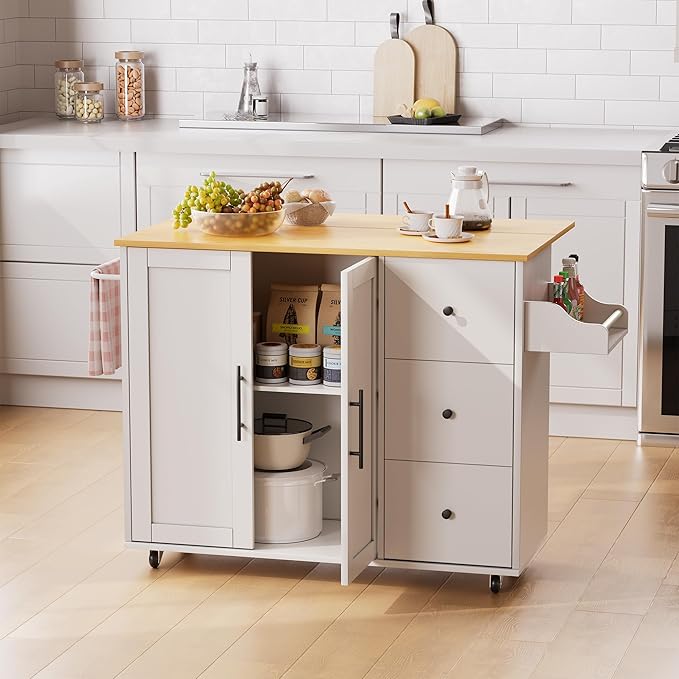 Kitchen Island on Wheels with Storage-Multifunctional Kitchen Island Cart with Drop Leaf, Rolling Island with Spice/Towel Rack,Expandable Island Table Kitchen,39.37" Width,White