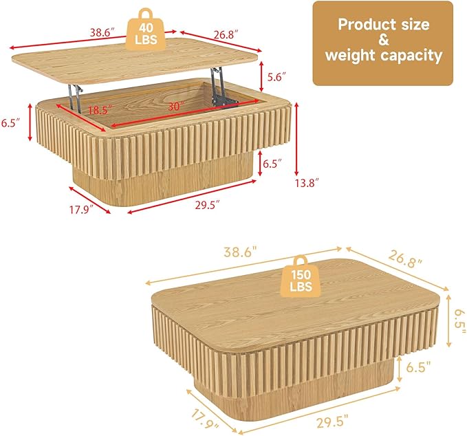 SZTHHDF Lift Top Coffee Table for Living Room,Rectangle Handmade Solid Wood Strips, Fluted Coffee Table with Hidden Storage Compartment Small Space Office Apartment (38.6" L×26.8''W×13.8''H-Natural)