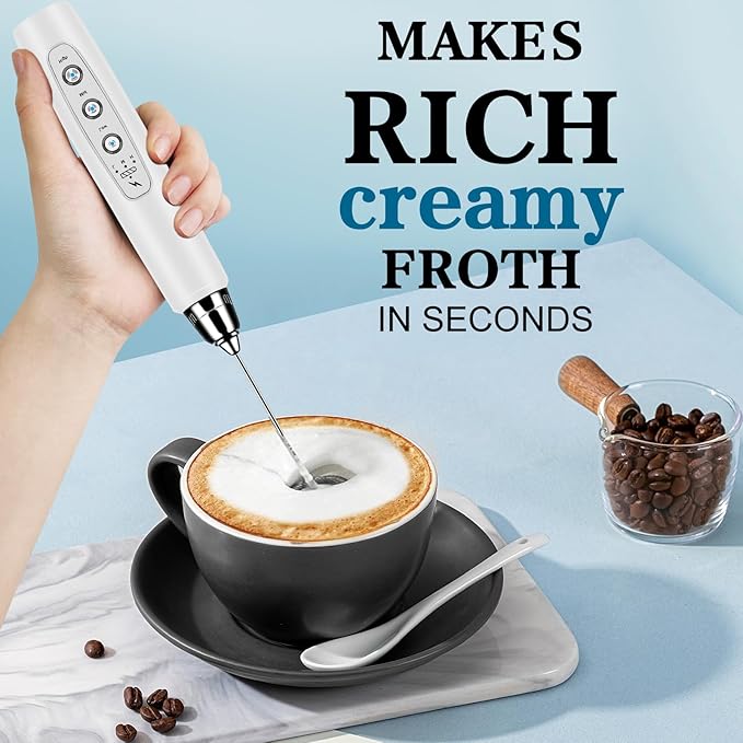Milk Frother Handheld with Stand, Electric Whisk 3 Speed Adjustable, Drink Mixer with Stainless 3 Whisk, Rechargeable Hand Frother Wand, Foam Maker for Latte Cappuccino Hot Chocolate Egg White