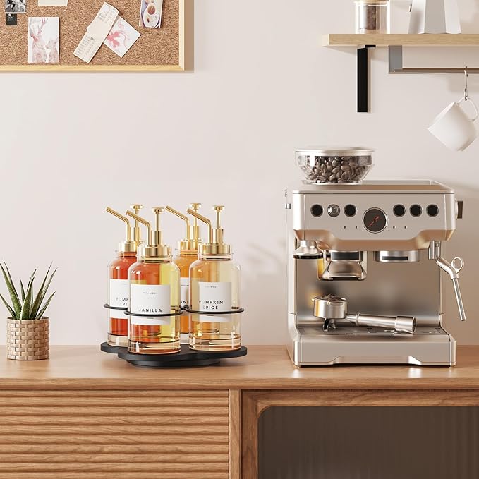THYGIFTREE Rotating Coffee Syrup Organizer 4 Bottles Syrup Rack for Countertop Wood Bottle Holder Stand for Coffee Bar Station, Black