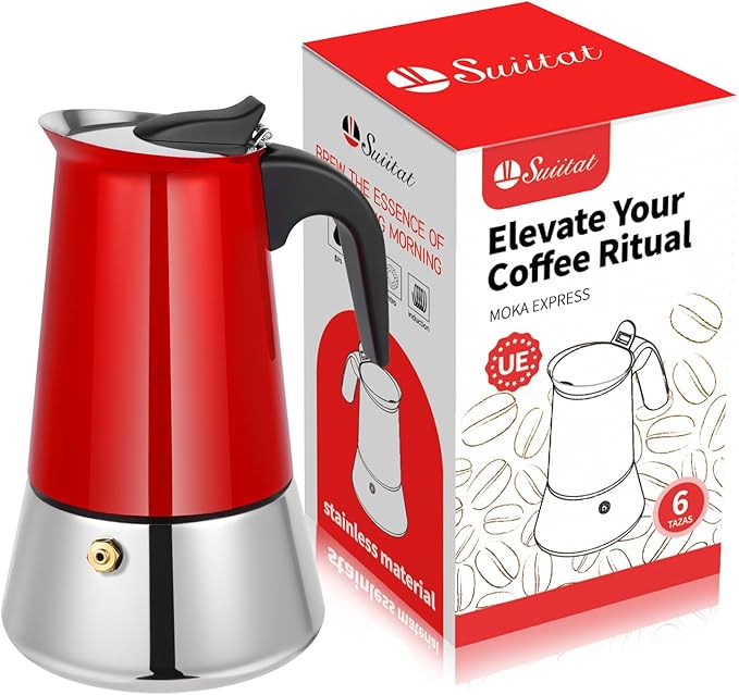 Suiitat Moka Pot, 6 Cups (10.6 oz) Stovetop Espresso Maker, 304 Stainless Steel Moka Pot, Induction Compatible, Red