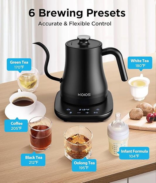KOIOS Gooseneck Electric Kettle with ±1℉ Temperature Control & Mute Mode, 0.8L Pour Over Kettle for Coffee & Tea, 1200W Quick Heating Stainless Steel Water Boiler with 4Hrs Keep Warm, Matt Black