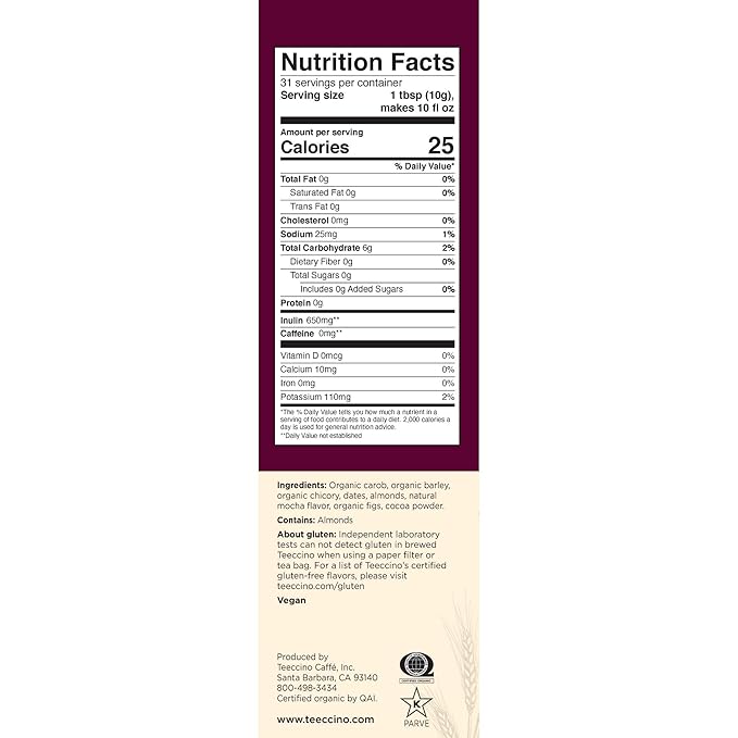 Teeccino Mocha Chicory Coffee Alternative - 11 Ounce - Ground Herbal Coffee That’s Prebiotic, Caffeine-Free & Acid Free, Medium Roast, (Pack of 6)