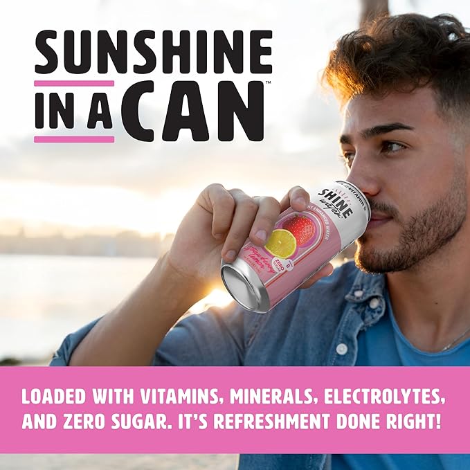 Shine Water Strawberry Lemon Vitamin D Electrolyte Drinks 12-Pack, Sugar Free Flavored Water with Magnesium, Zinc & Antioxidants, Low Calorie Hydration Beverage, Plant-Based Vitamin Water Zero Sugar