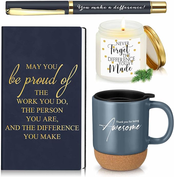4 Pcs Thank You Gift Set for Men Women Employee Coworker Gifts Inspirational Appreciation Notebook Coffee Mug Scented Candle Pen for Valentine's Day Team Office Staff Teacher Volunteer