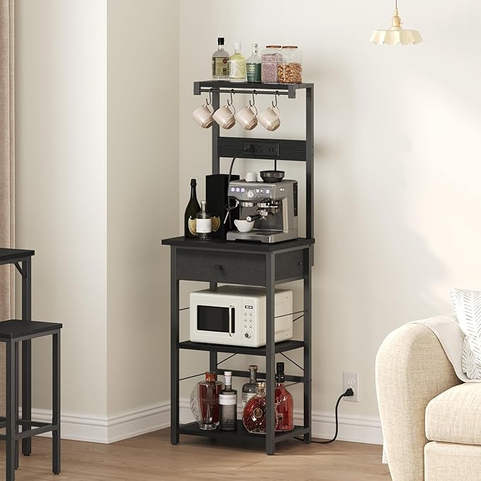 Bakers Rack with Drawer, Microwave Stand with Power Outlet, Coffee Bar Station with 4 Hooks, Kitchen Storage Shelf Rack 4 Tiers, for Kitchen, Dining Room, Black BRBK48E01