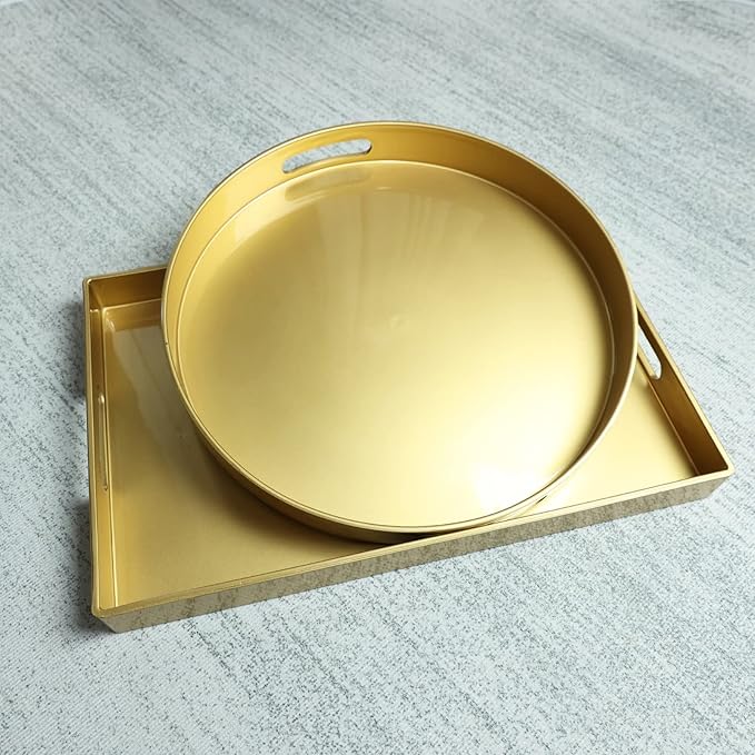 Spsyrine Round Gold Decorative Tray, 13" Plastic Serving Table Tray with Handles for Ottoman, Coffee Table, Bathroom, Kitchen, Living Room