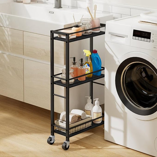Slim Rolling Cart, Mobile Kitchen Cart on Wheels, Narrow Storage Cart for Small Space, Wooden Service Cart, for Bathroom, Laundry, Living Room, Black RCHB1501