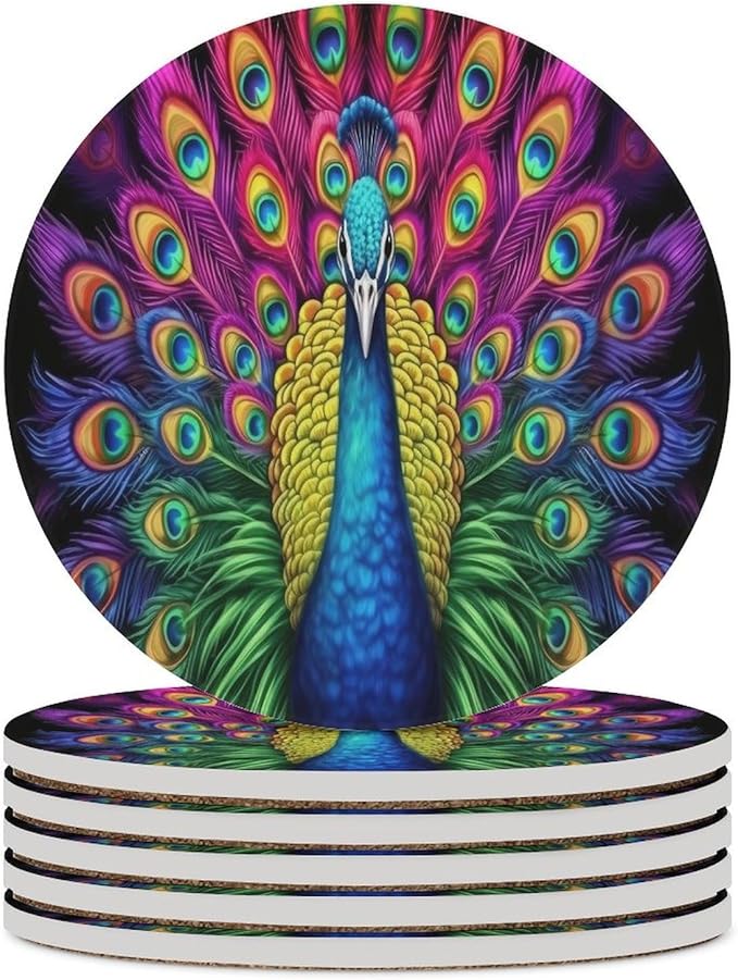 Round-6PCS Peacock Ceramic Coasters, Round Absorbent Drink Coasters, Vintage Country Beautiful Colorful Peacock Ceramic Table Coasters for Coffee, Beverage, Wine, Beer Coasters