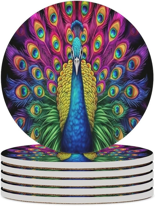 Round-6PCS Peacock Ceramic Coasters, Round Absorbent Drink Coasters, Vintage Country Beautiful Colorful Peacock Ceramic Table Coasters for Coffee, Beverage, Wine, Beer Coasters
