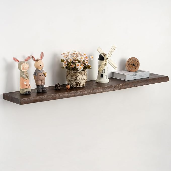 48" Rustic Elm Floating Shelves - Solid Wood Live Edge with Invisible Brackets, Wall Mounted Shelf for Living Room, Kitchen & Bathroom Decor, Brown