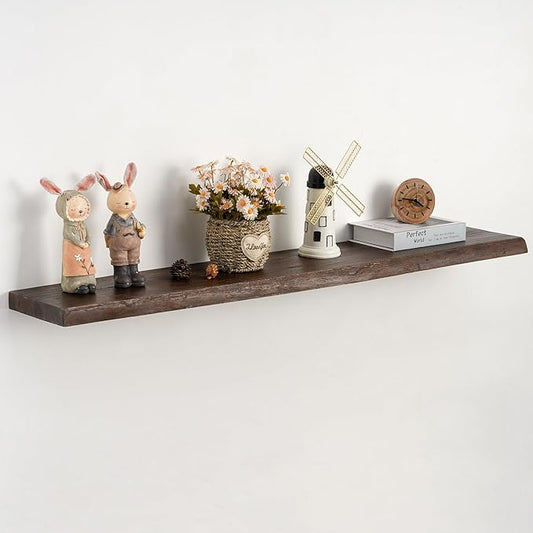 48" Rustic Elm Floating Shelves - Solid Wood Live Edge with Invisible Brackets, Wall Mounted Shelf for Living Room, Kitchen & Bathroom Decor, Brown