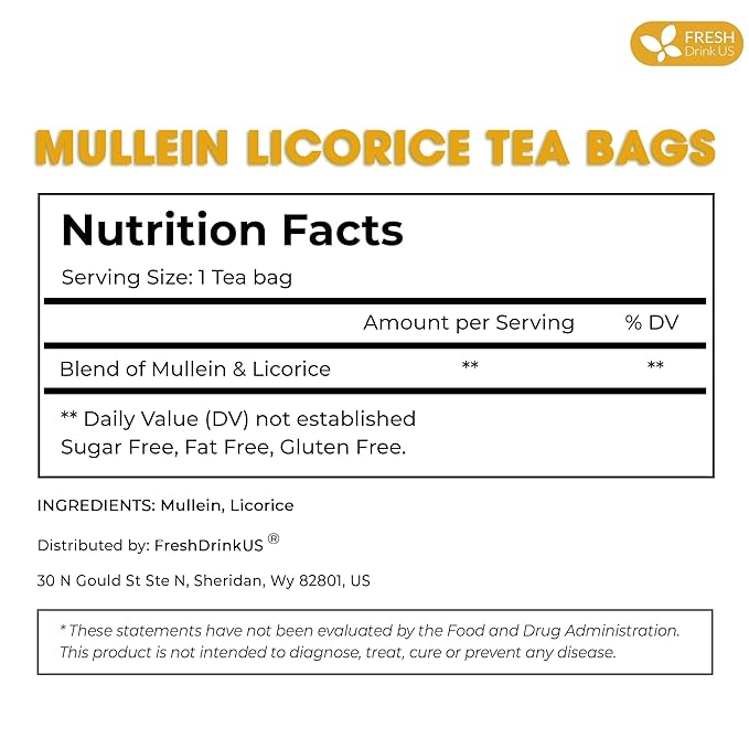 FreshDrinkUS, Premium 55 Mullein Licorice Tea Bags, 100% Natural, Blend of Mullein Leaves, and Licorice Root. Made with Natural Material Tea Bags. No Sugar, Vegan.