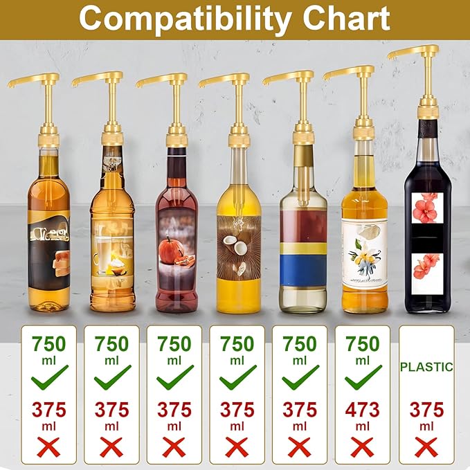 12 Pcs Coffee Syrup Pump with Tip Cover, Gold Reusable Coffee Syrup Pump Dispenser Fits 750 ml Skinny Bottles, Great for Home, Coffees Bar Drinking Mixes, Tea, Beverage, Cocktails